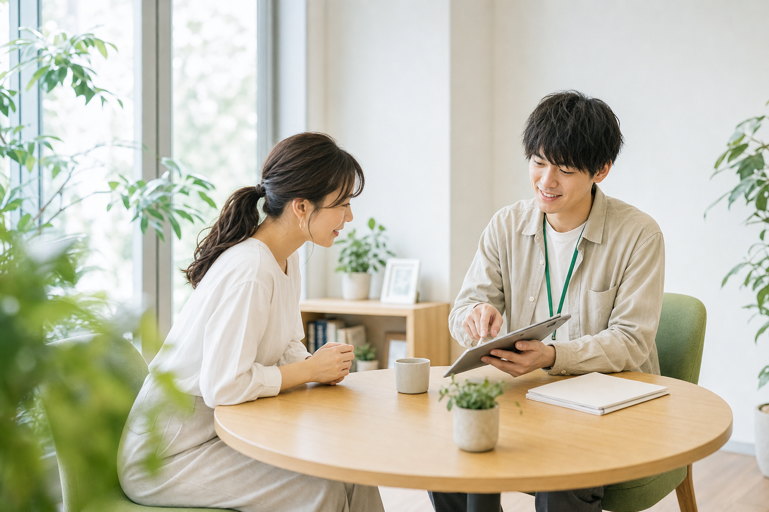 ご自宅で利用者と相談する訪問看護スタッフ