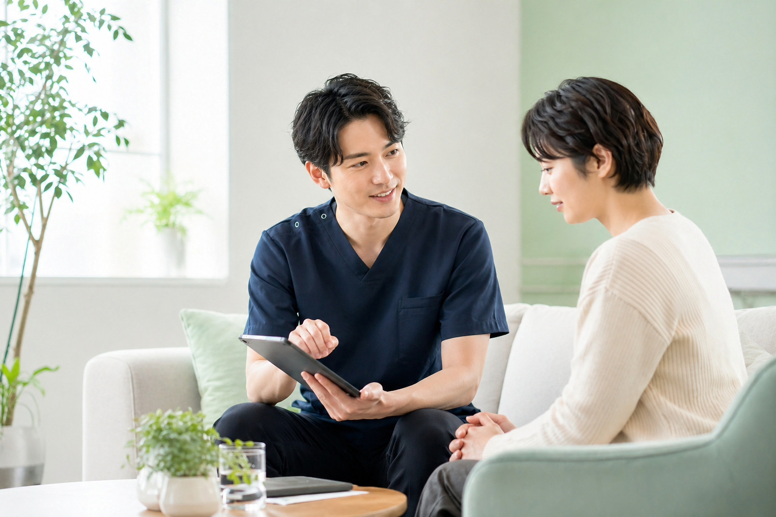 若い利用者と支援スタッフが落ち着いた空間で相談する様子