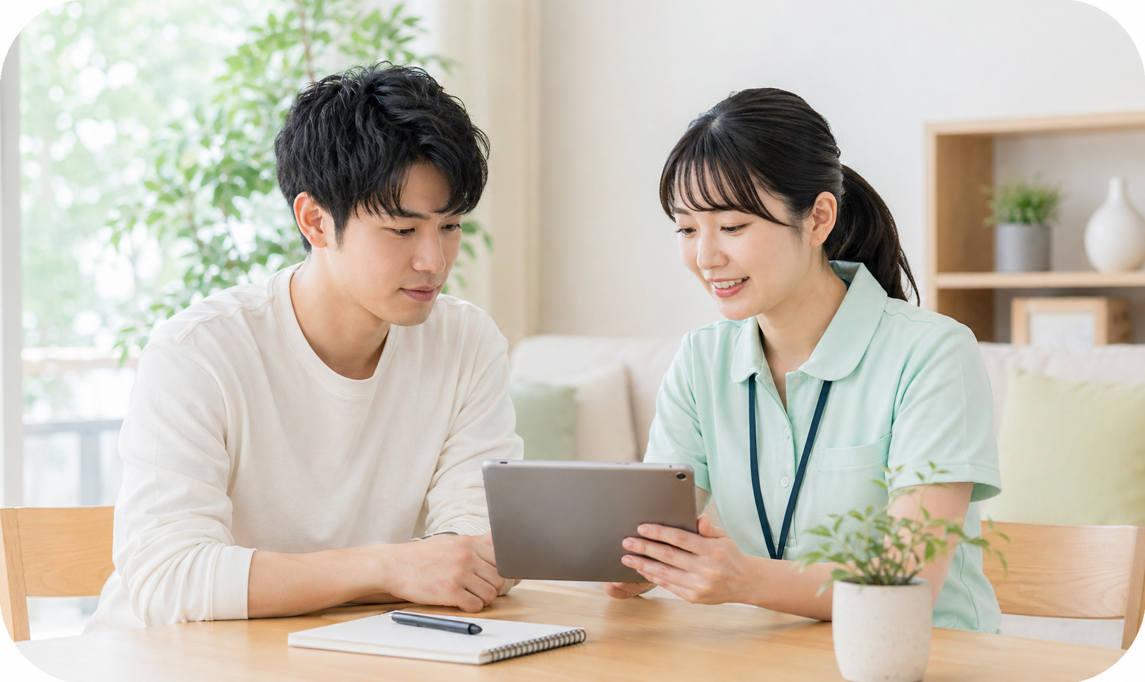 支援計画を一緒に確認する様子